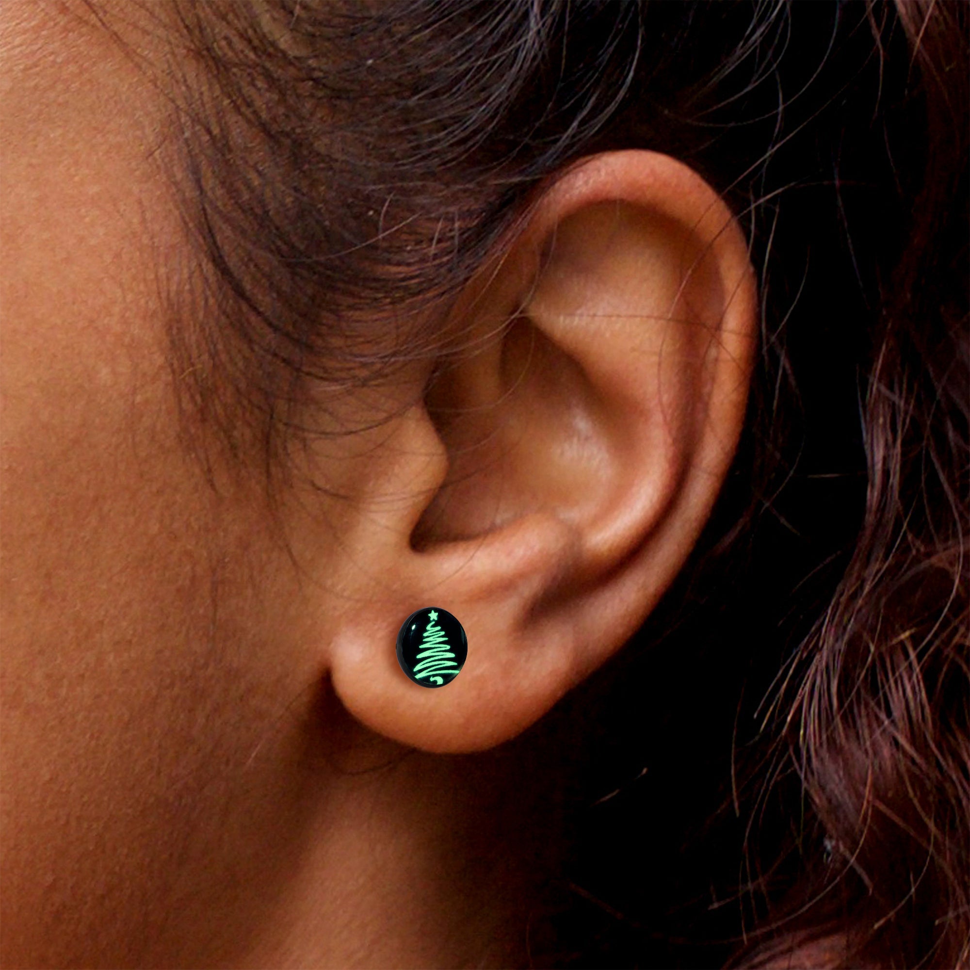 Black Anodized Glow in the Dark Holiday Christmas Tree Stud Earrings by Onyx O