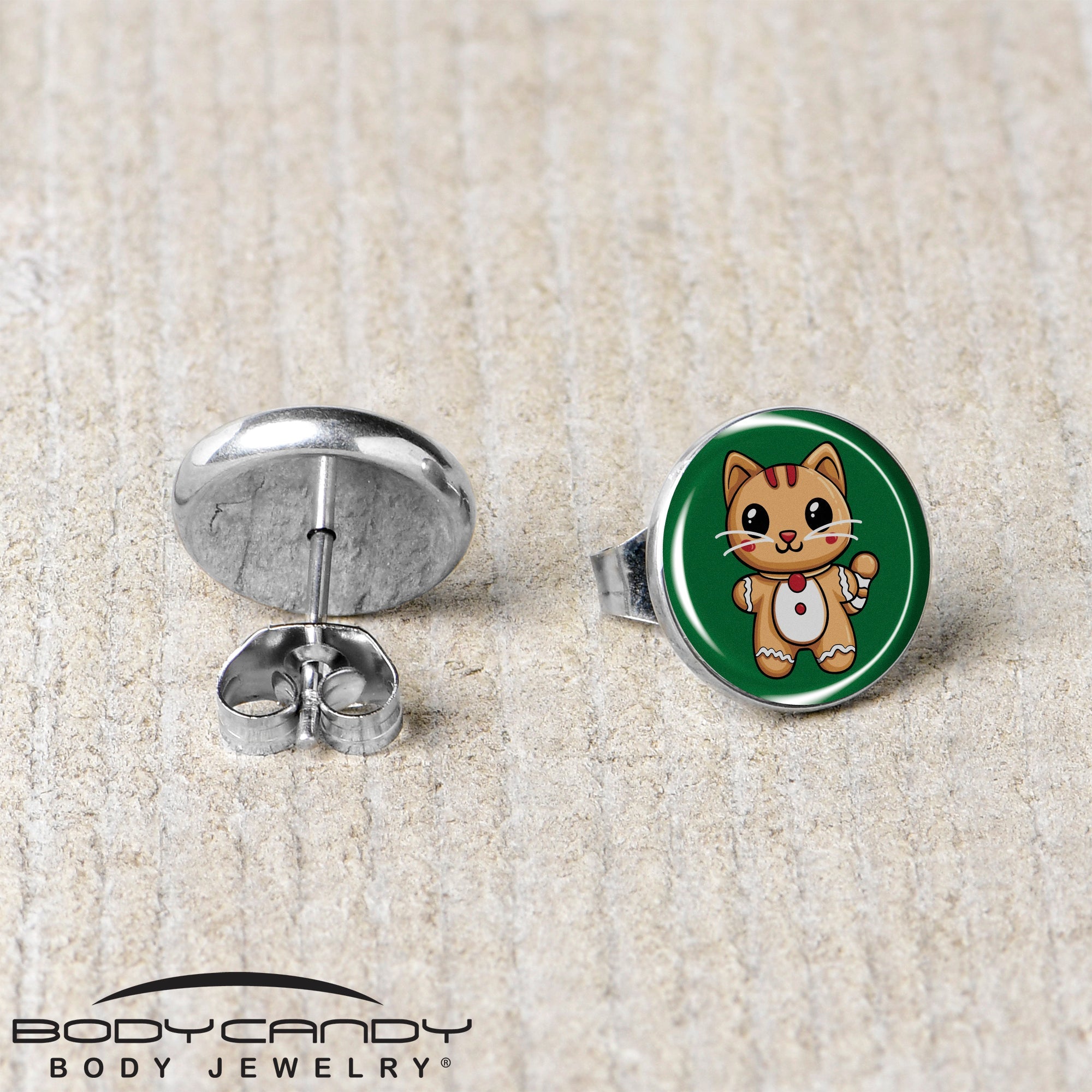 Christmas Holiday Gingerbrread Kitty Cat Stud Earrings by Onyx O