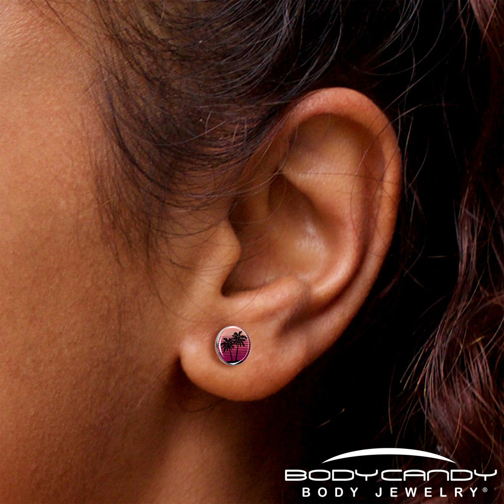 Palm Tree Retro Sunset Stud Earrings by Onyx O