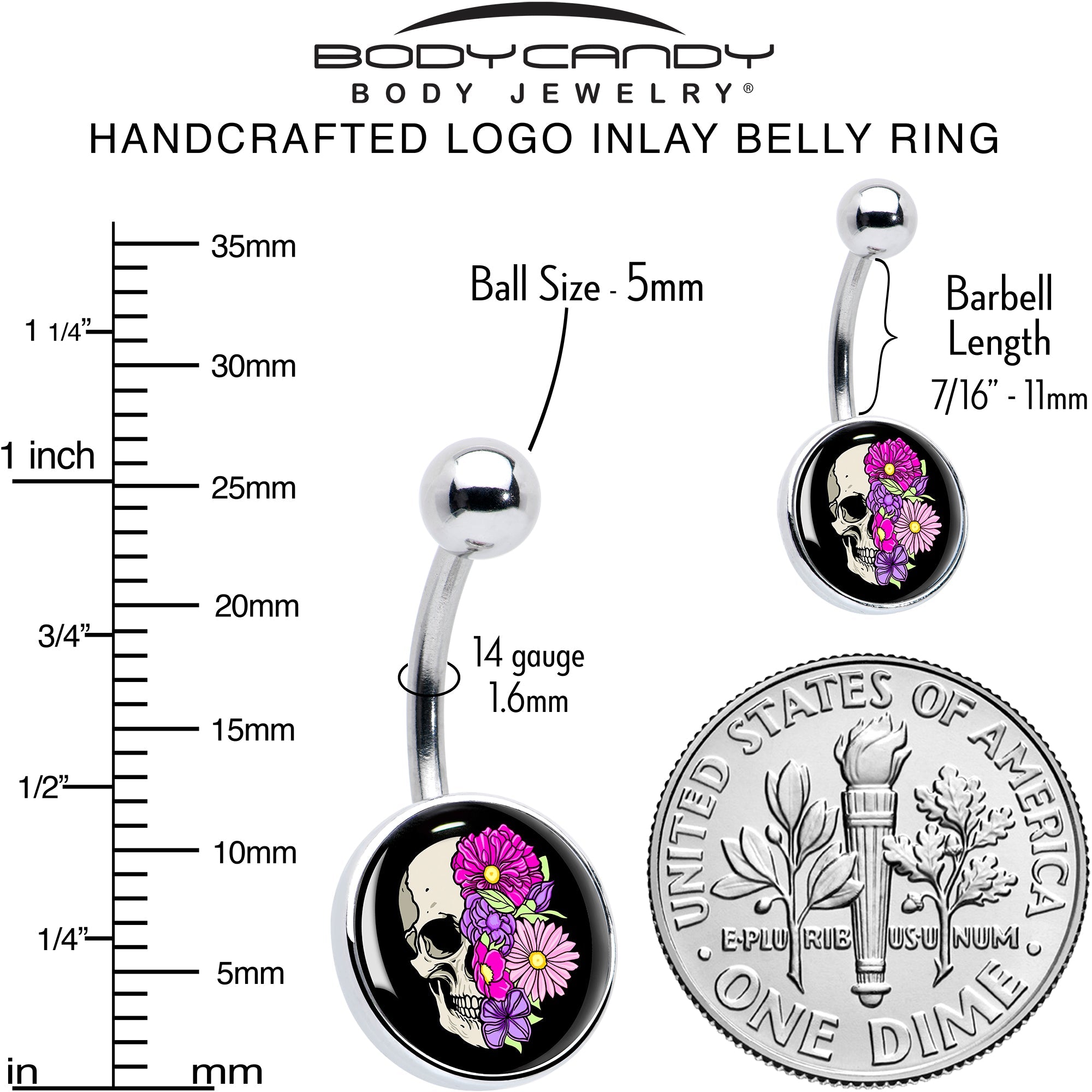Floral Flowers Skull Belly Ring by Onyx O