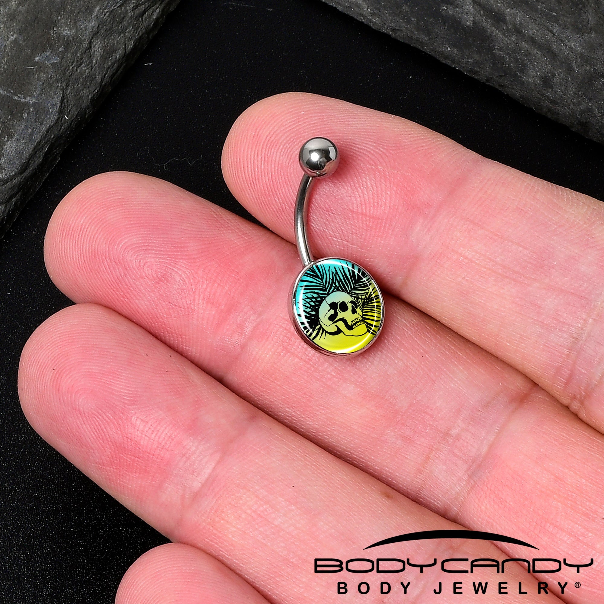 Blue Haze Sunset Skull and Palms Belly Ring by Onyx O