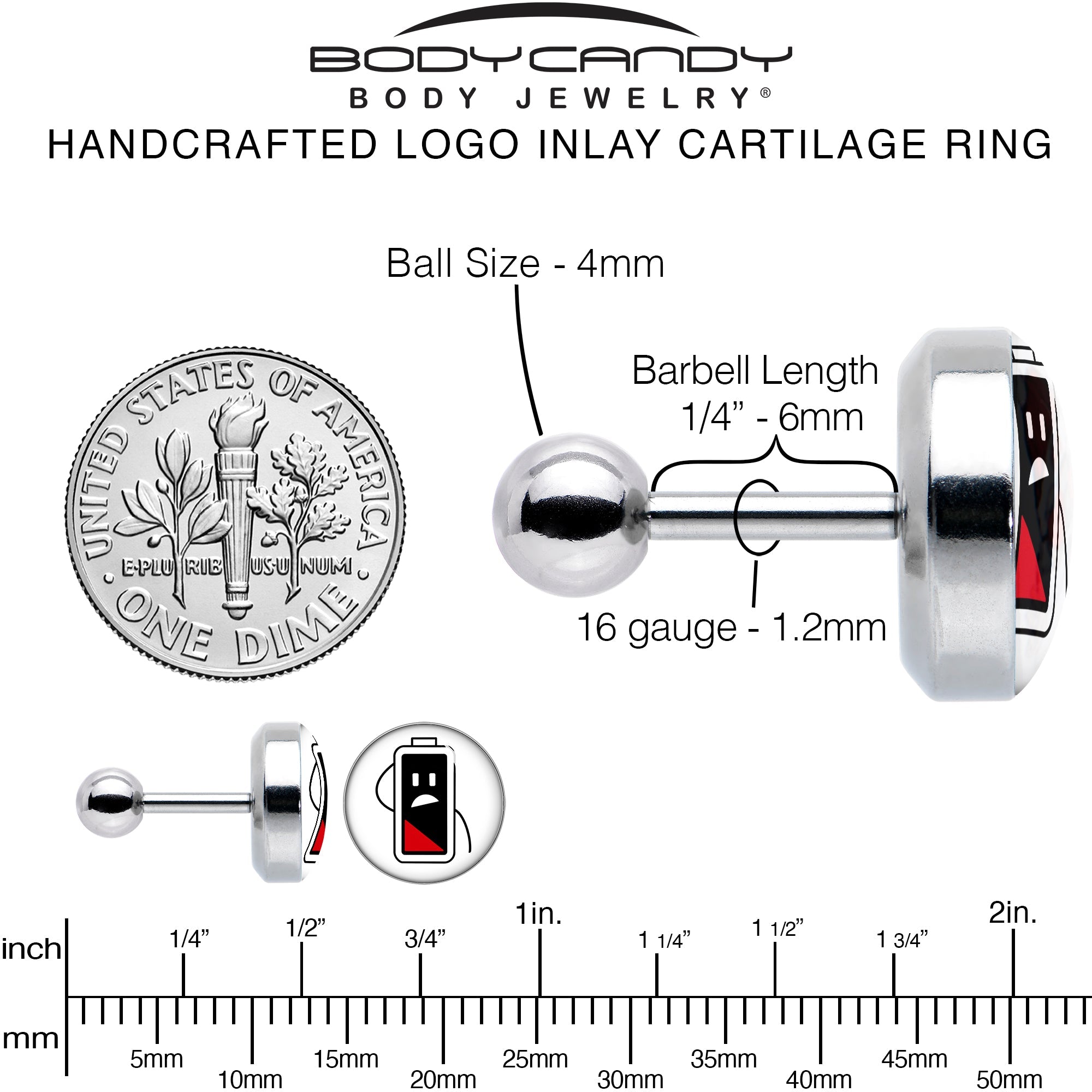 16G 1/4 Battery Empty Cartilage Tragus Earring by Onyx O