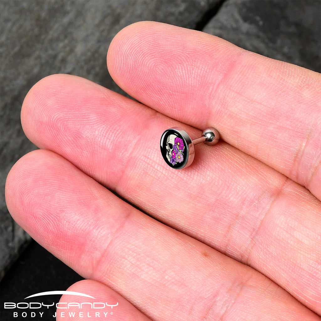 16G 1/4 Floral Flowers Skull Cartilage Tragus Earring by Onyx O