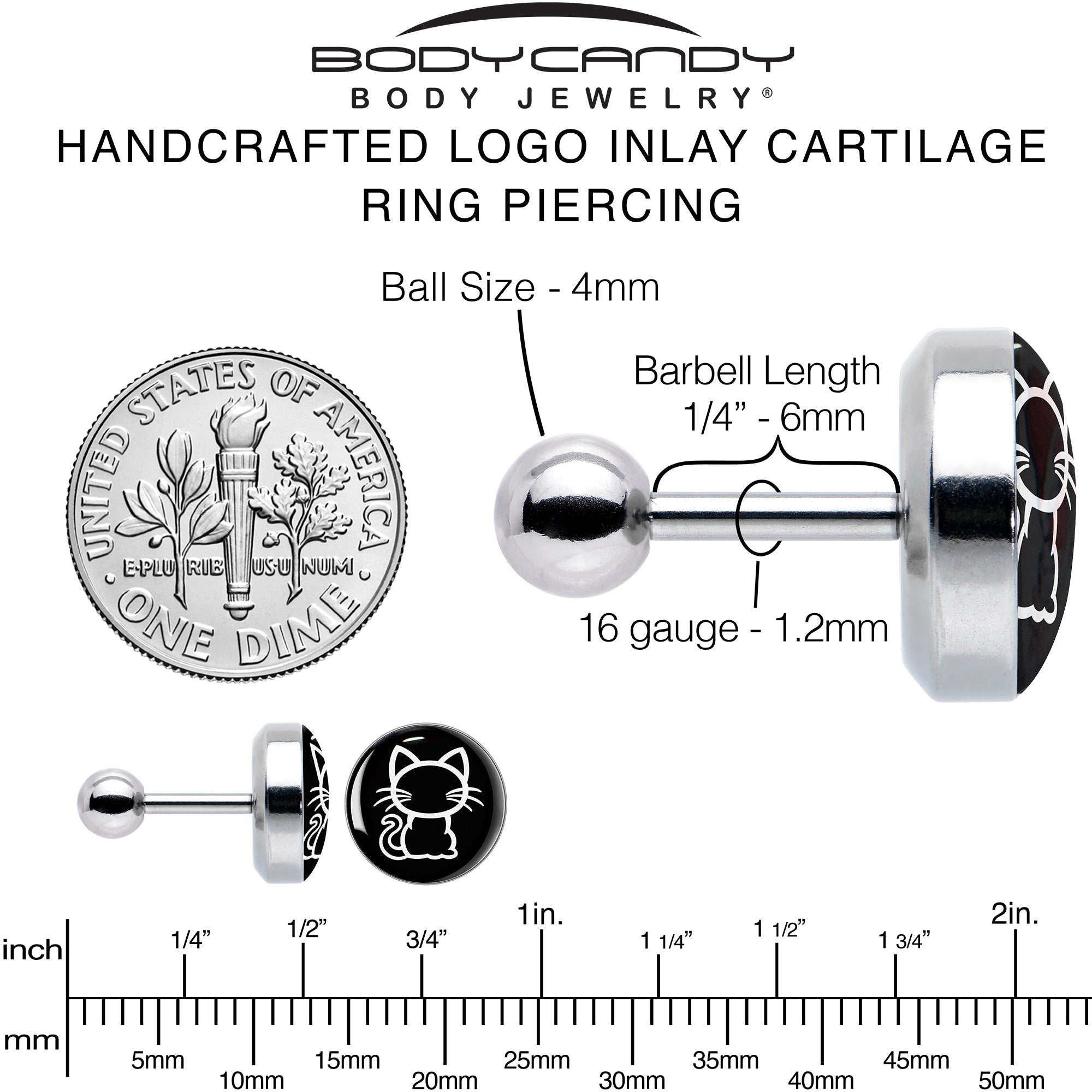 16G 1/4 Black and White Kitty Cat Cartilage Tragus Earring by Onyx O