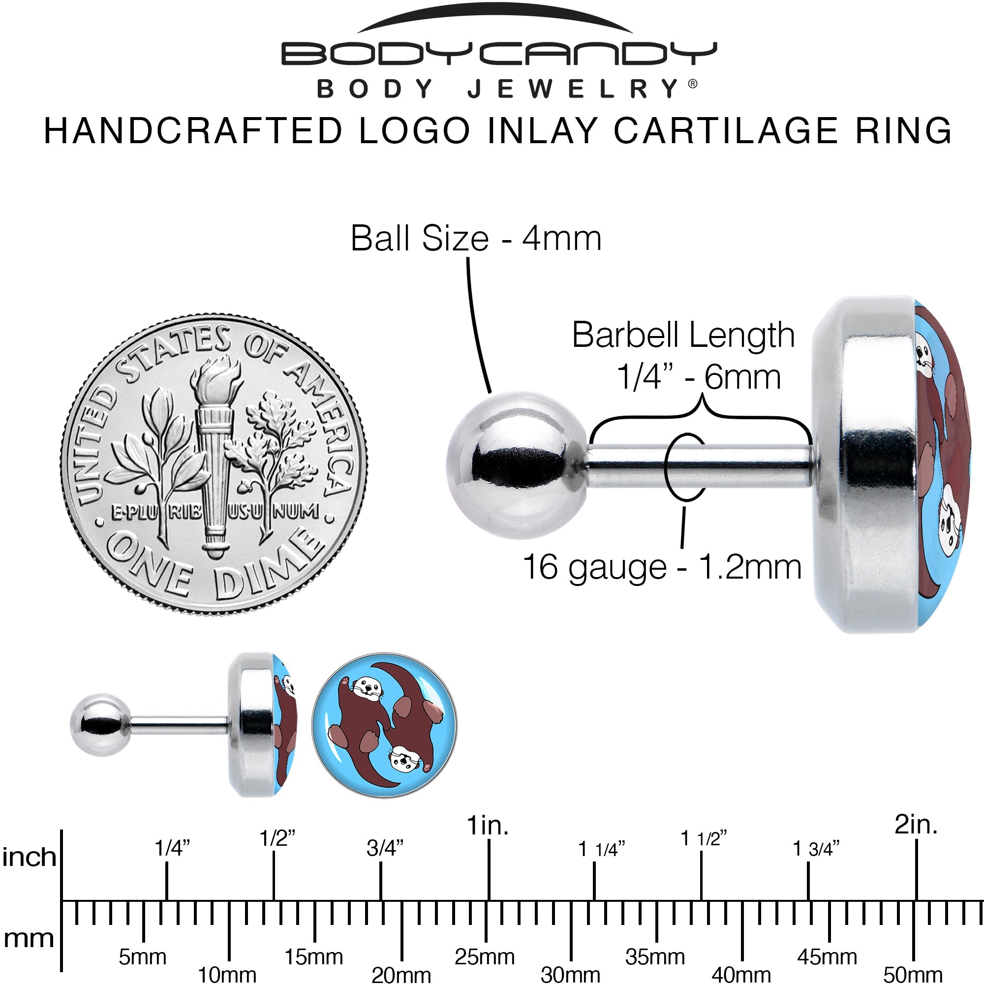 16G 1/4 Oh My Otters Animal Tragus Cartilage Earring by Onyx O