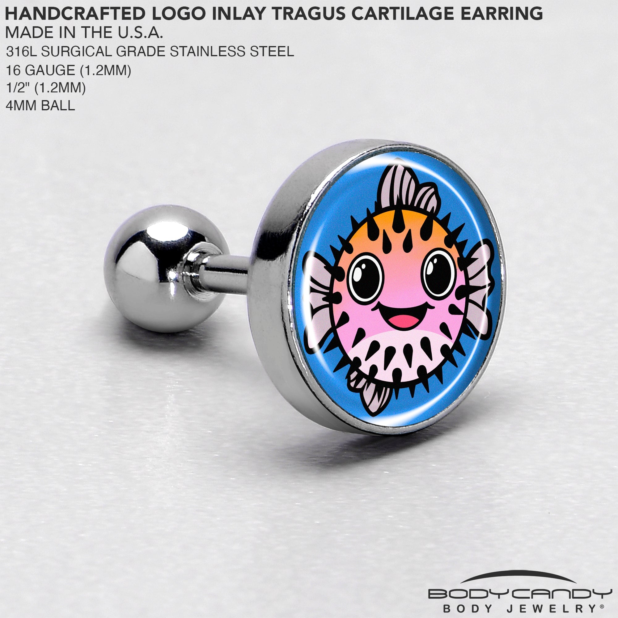 16G 1/4 Swimming Pufferfish Tragus Cartilage Earring by Onyx O