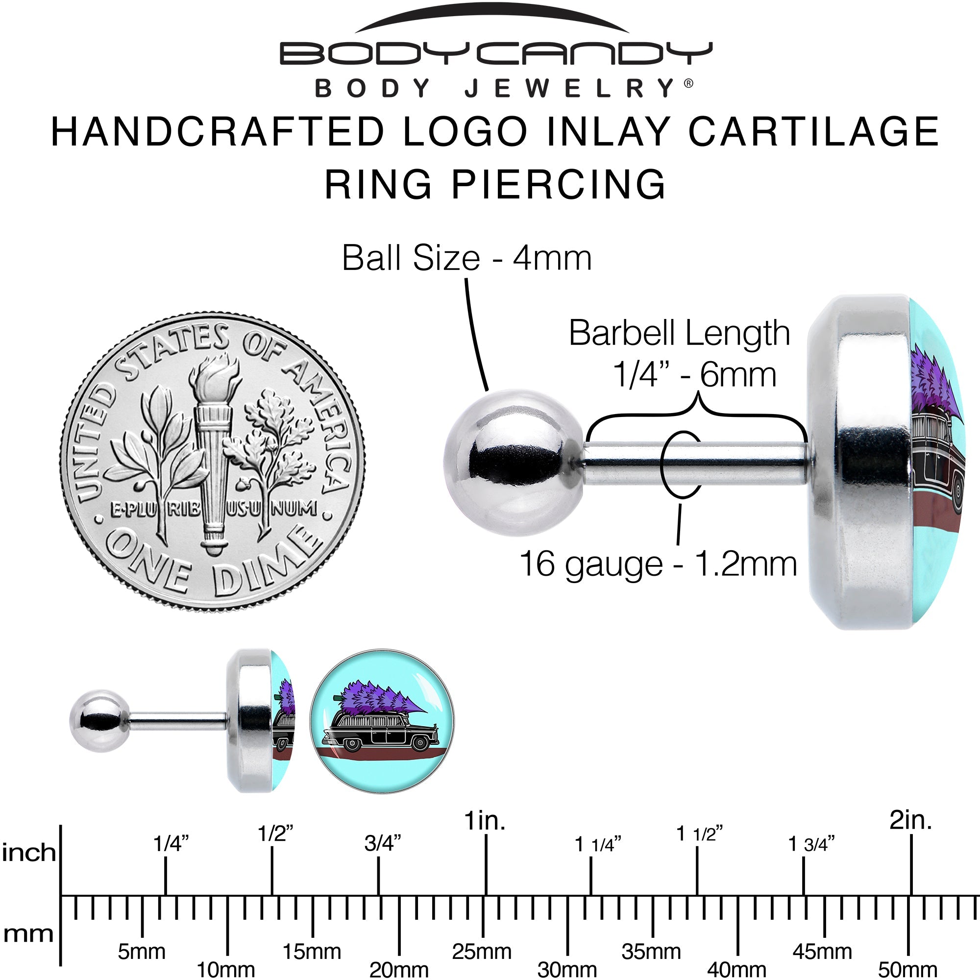 16G 1/4 Holiday Christmas Hearse Tragus Cartilage Earring by Onyx O