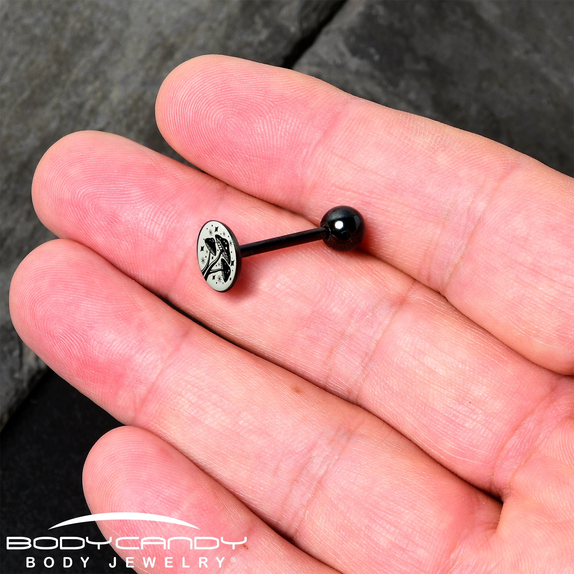 Glow in the Dark Black Anodized Mystic Mushroom Barbell Tongue Ring by Onyx O