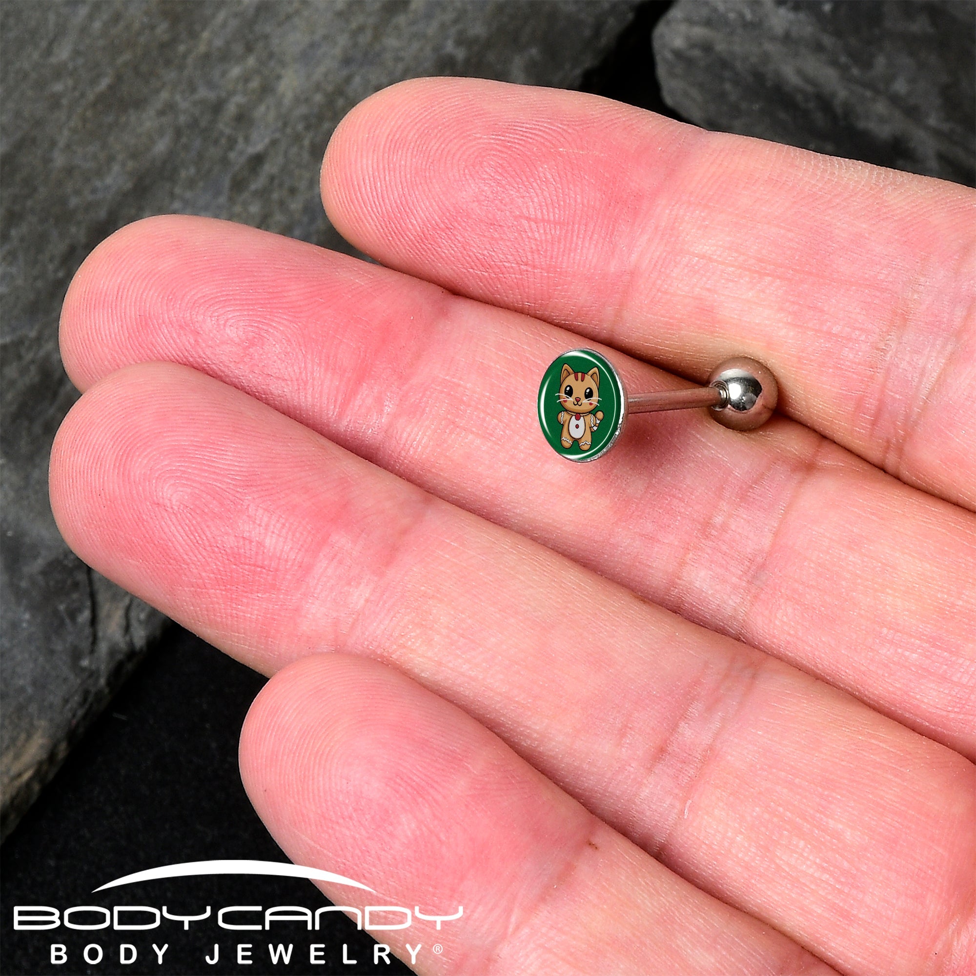 Christmas Holiday Gingerbrread Kitty Cat Barbell Tongue Ring by Onyx O