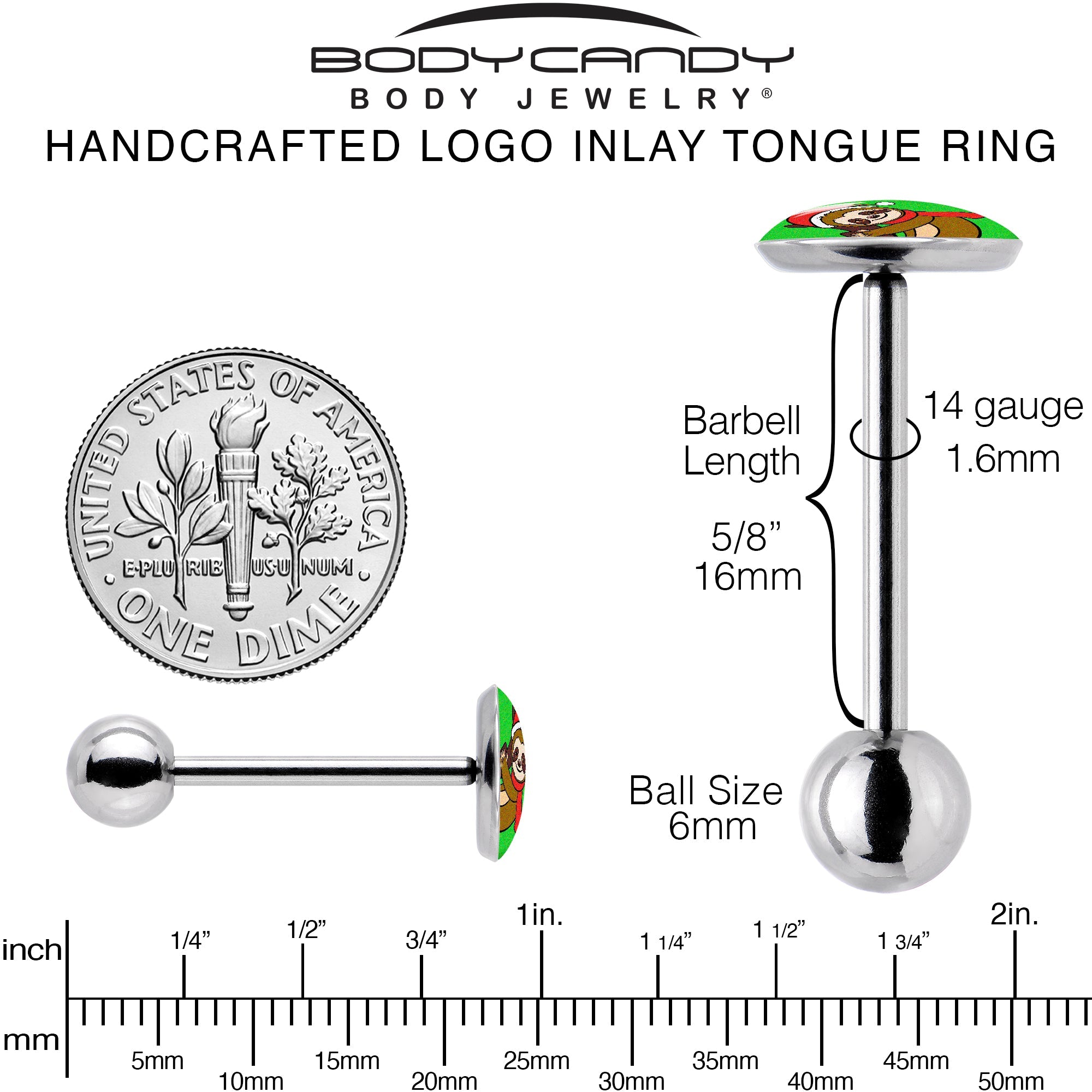 Santa Sloth Holiday Barbell Tongue Ring by Onyx O