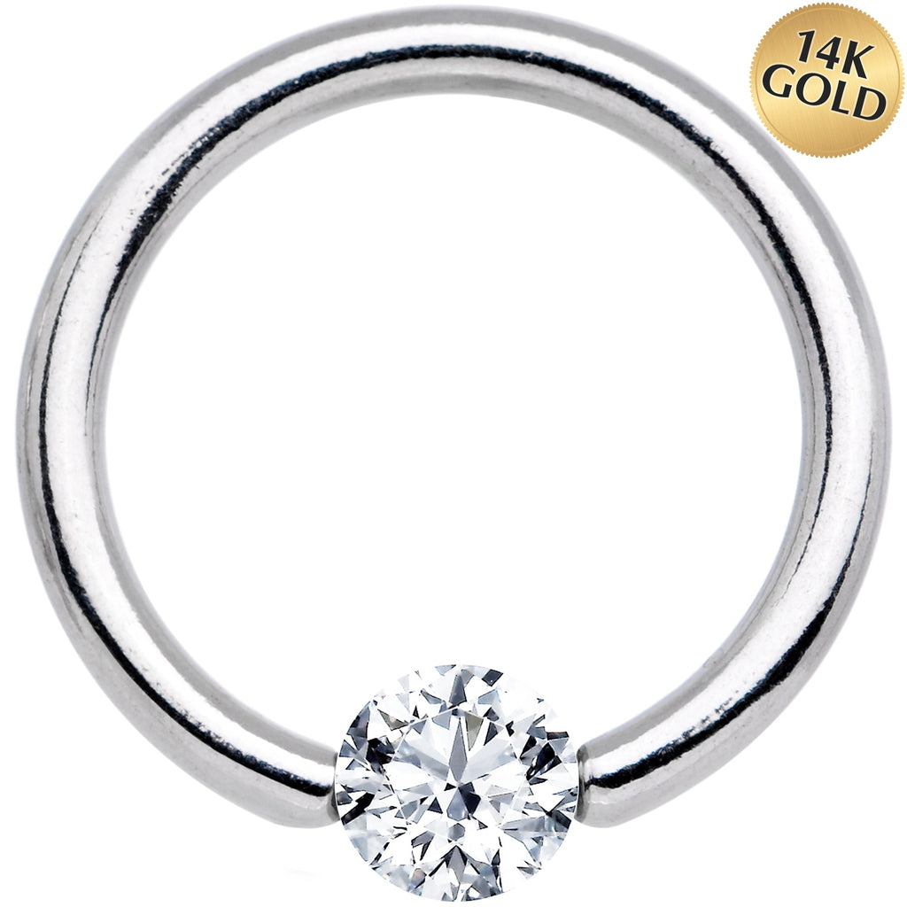14G 3/8 Solid 14k White Gold 4mm Clear Cubic Zirconia Tension Captive Ring