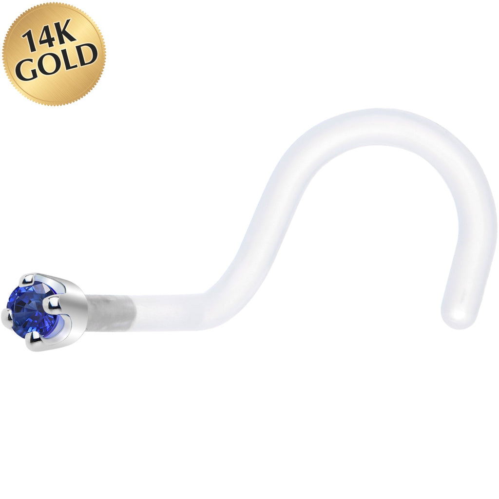 18G 1/4 White Gold 1.5mm Blue Cubic Zirconia Bioplast Nose Ring