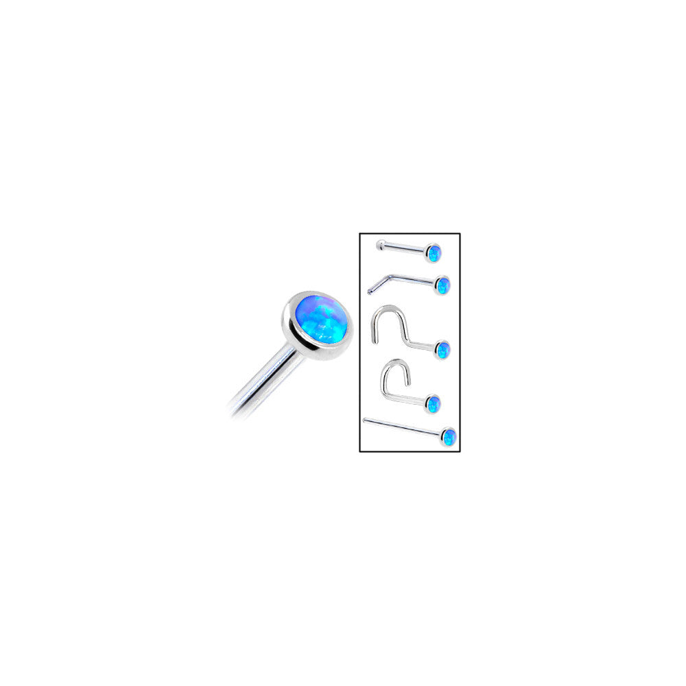 Solid 14K White Gold 2mm Blue Synthetic Opal Nose Ring