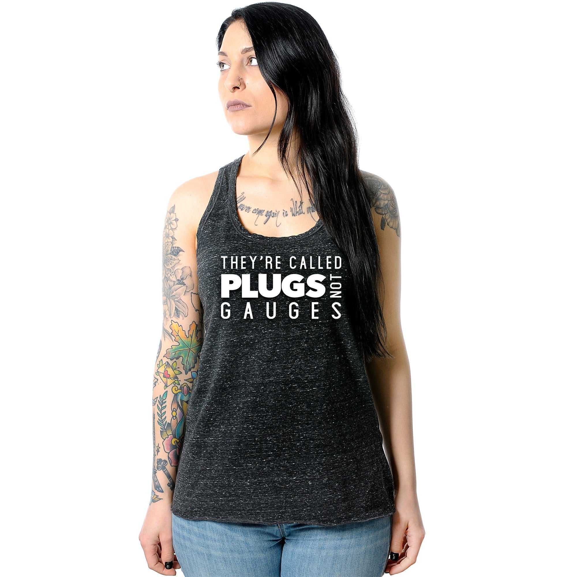 They're Called Plugs NotGs Black Gray Cosmic Twist Back Tank Top