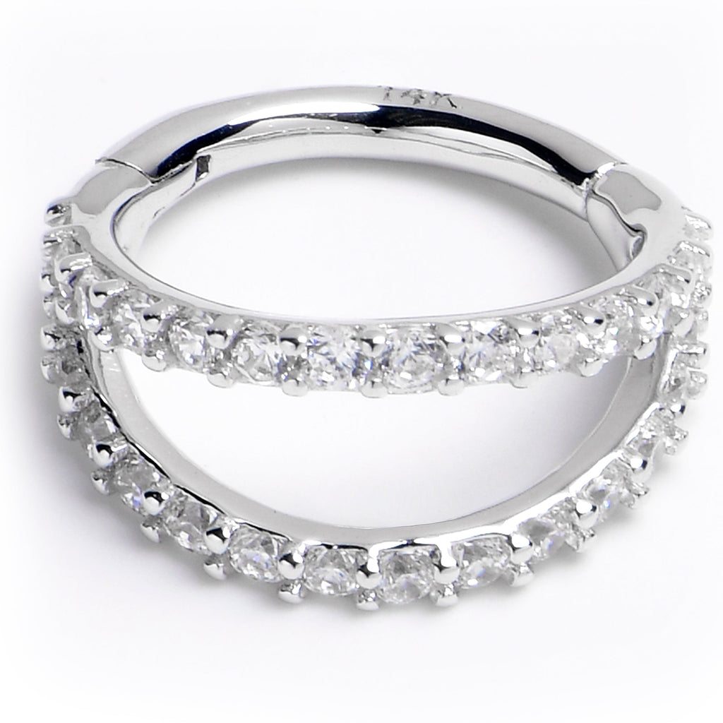 16G 5/16 Solid 14K White Gold Clear CZ Gem Hinged Segment Ring