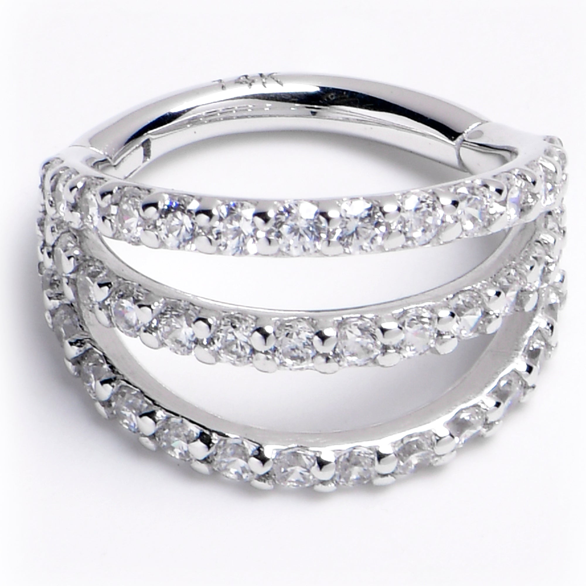 16G 5/16 Solid 14K White Gold Clear CZ Gem Row Hinged Segment Ring