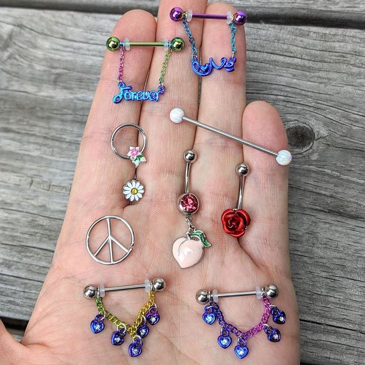14G 18mm Rainbow Love Forever Chain Dangle Nipple Ring Set