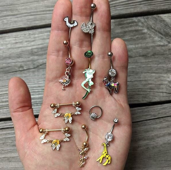 Pink Gem Rose Gold Tone Florida Pink Flamingo Bird Dangle Belly Ring