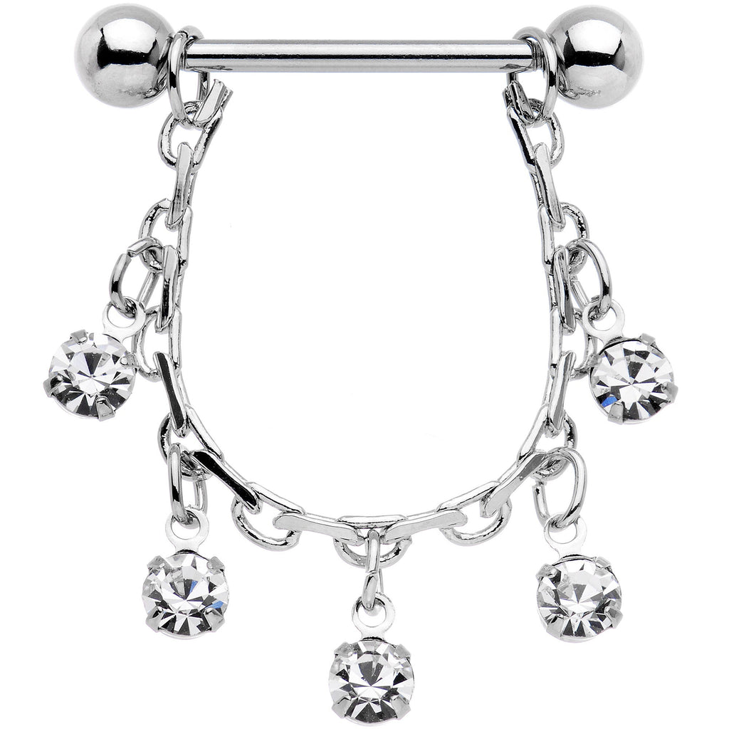 14G 5/8 Clear Gem Chain Drop Dangle Nipple Ring Set