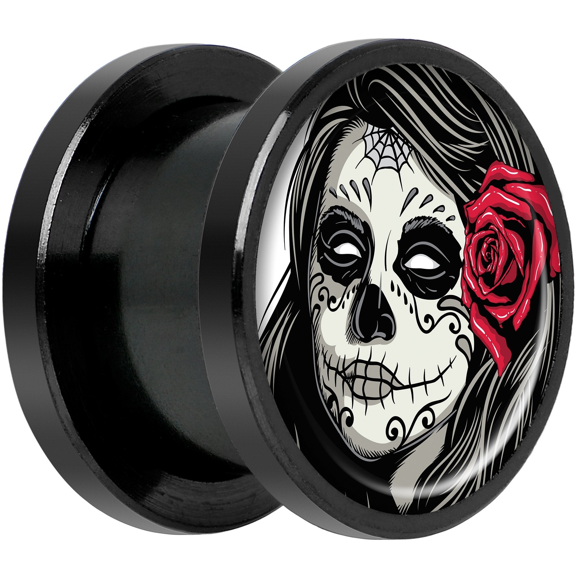 Katrina Sugar Skull with Rose Flower Black Anodized Screw Fit Plug Set 1/2