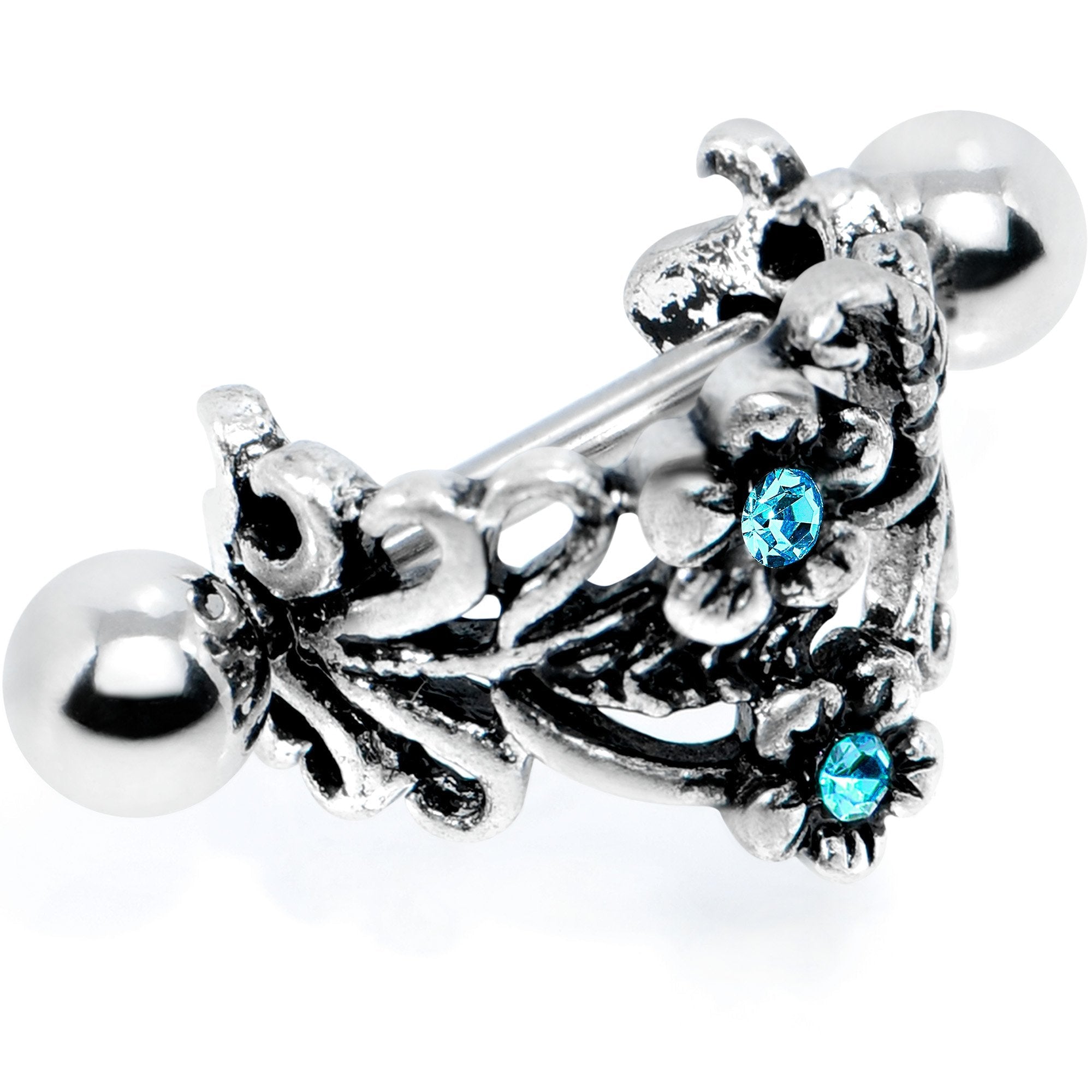 16G 1/2 Blue Gem Double Daisy Flower Cuff Cartilage Earring